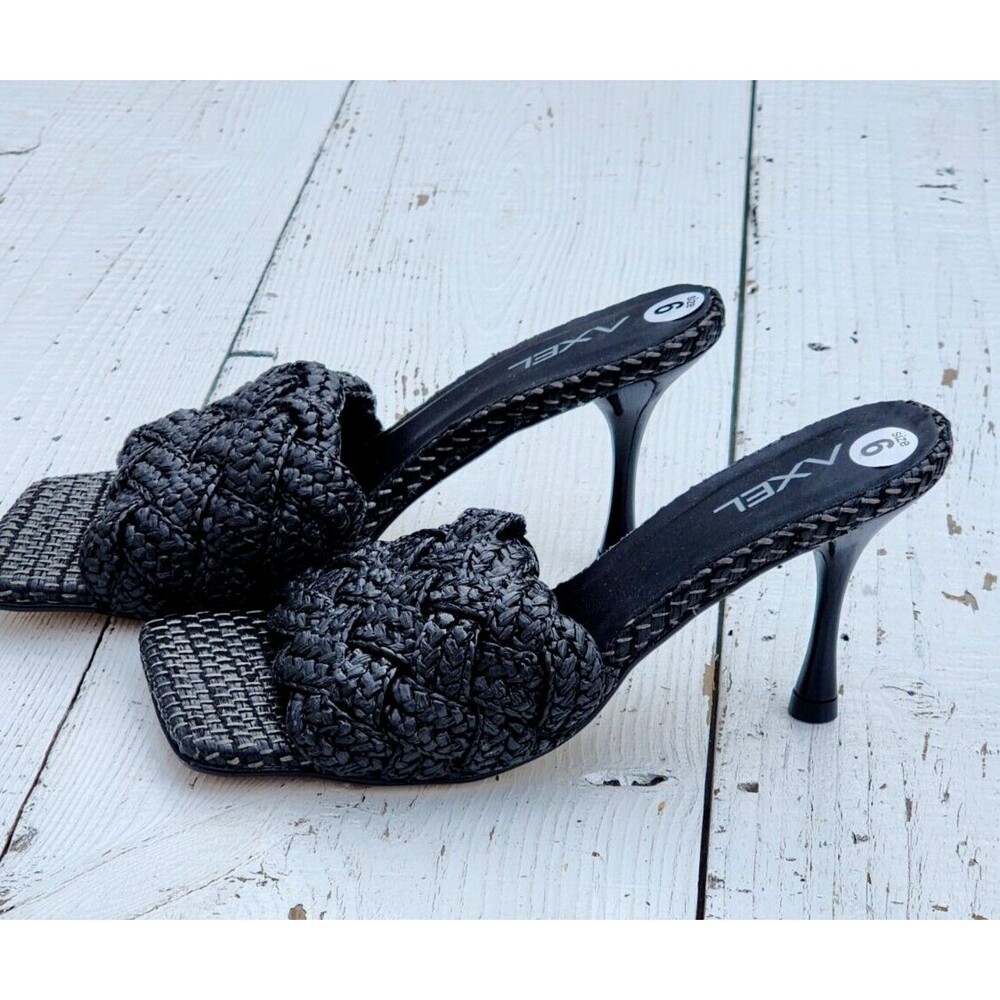 AXEL Women's Black Braided Straw Stiletto Heels Sandals Slip On US 6 EU 36